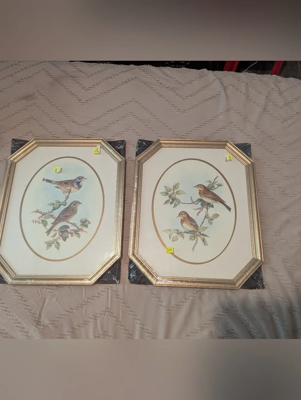 Vintage Mid Century Birds Print Art Octagonal Gold Frame Solid Wood 18x15 Sealed